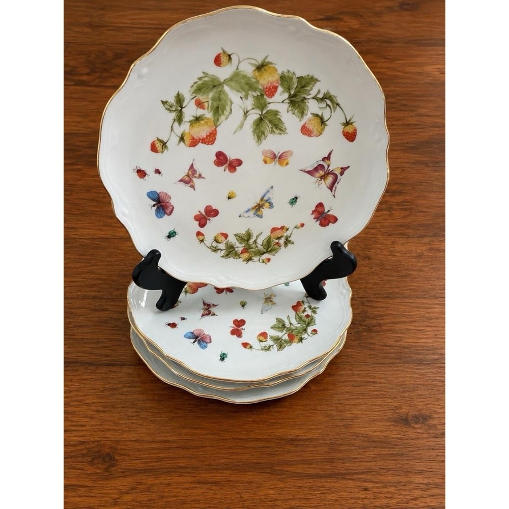 Lenwile Ardalt Spring Time Strawberry Butterfly Gold Trim Plates 6394 Set of 4